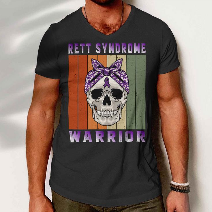 Rett Syndrome Warrior Skull Women Vintage Purple Ribbon Rett Syndrome Rett Syndrome Awareness Men V-Neck Tshirt