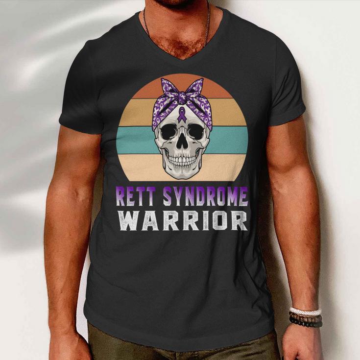 Rett Syndrome Warrior Skull Women Vintage Purple Ribbon Rett Syndrome Rett Syndrome Awareness V2 Men V-Neck Tshirt