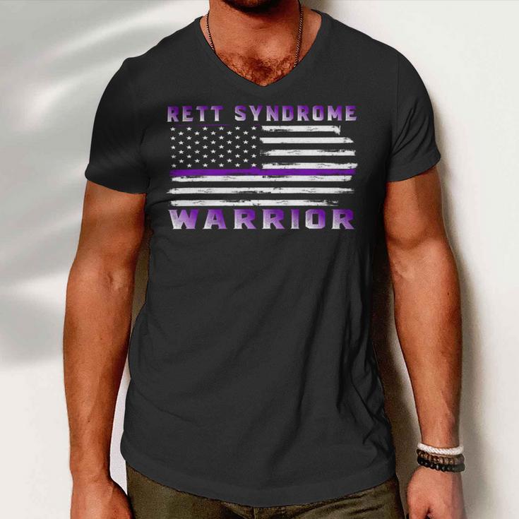 Rett Syndrome Warrior Usa Flag United States Flag Purple Ribbon Rett Syndrome Rett Syndrome Awareness Men V-Neck Tshirt