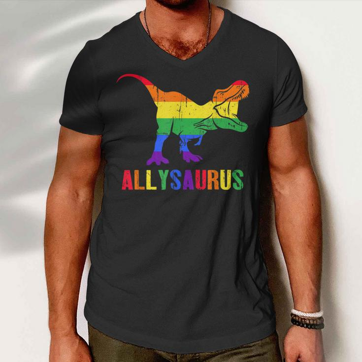 T Rex Dinosaur Lgbt Gay Pride Flag Allysaurus Ally Men V-Neck Tshirt