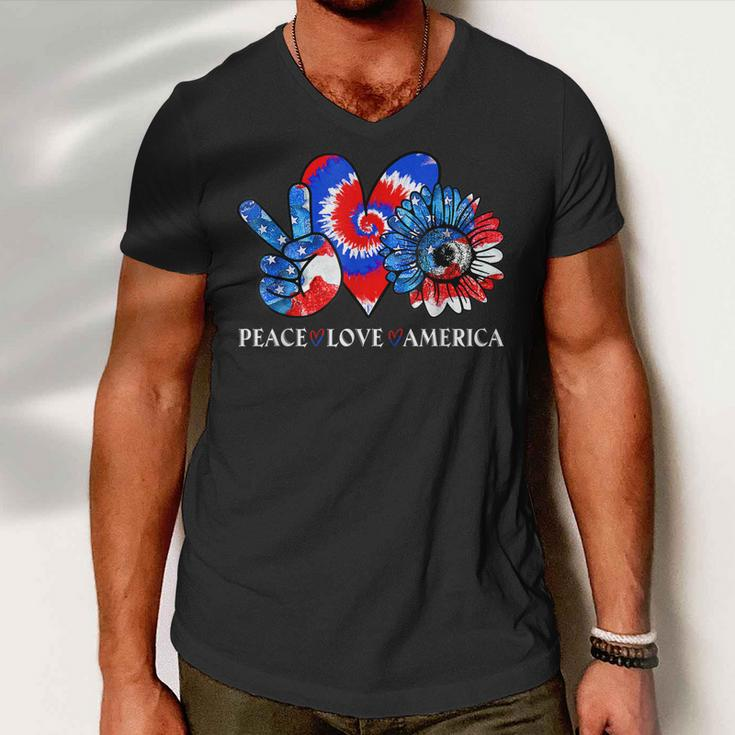 Tie Dye 4Th Of July Peace Love America Sunflower Patriotic Men V-Neck Tshirt