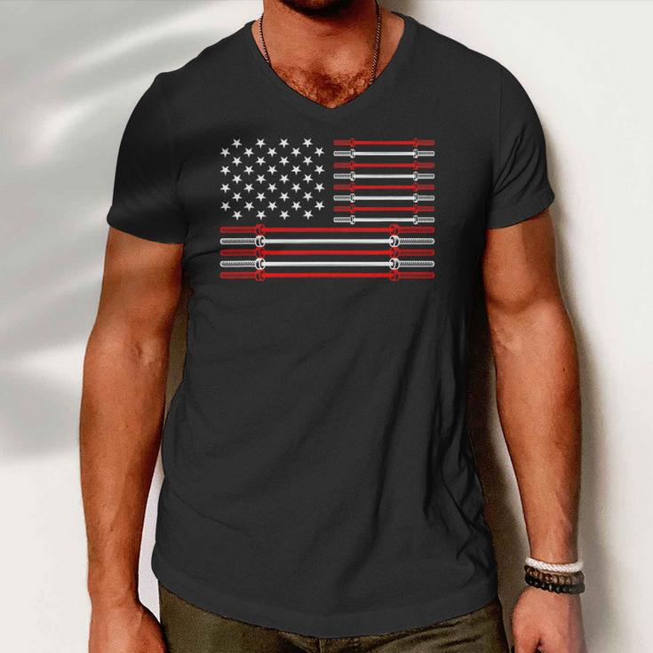 Us Flag Barbells Weightlifting Patriotic Gym Workout Men V-Neck Tshirt