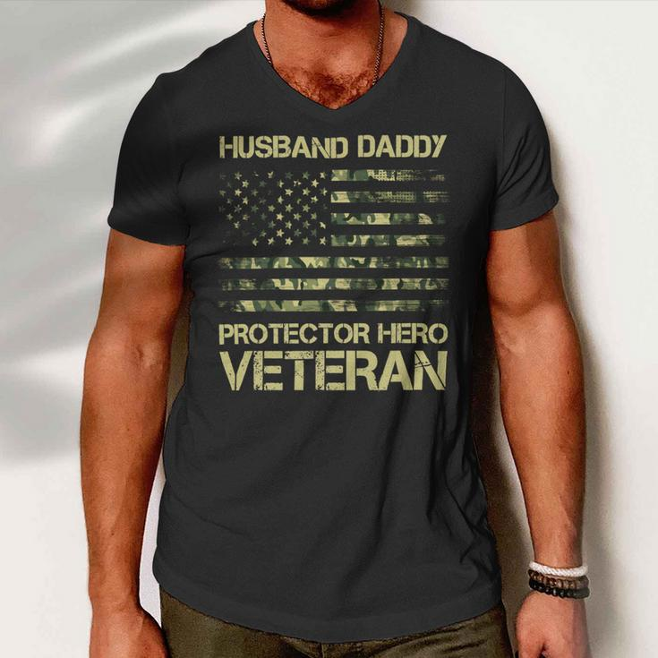 Veteran Husband Daddy Protector Hero Veteran American Flag Vintage Dad 2 Navy Soldier Army Military Men V-Neck Tshirt
