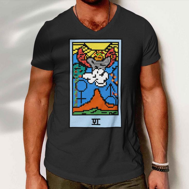 Wait Is This Pixel Art Tarot Yellow - Major Arcana The Lovers Design For Stickers And Men V-Neck Tshirt