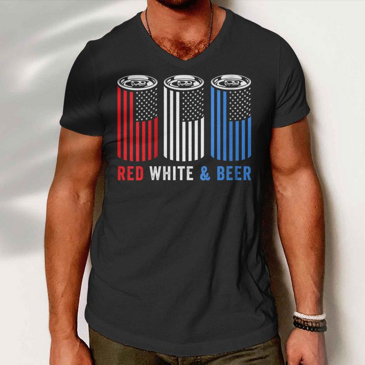 Womens Red White & Beer 4Th Of July Wine Red White Blue Beer Men V-Neck Tshirt