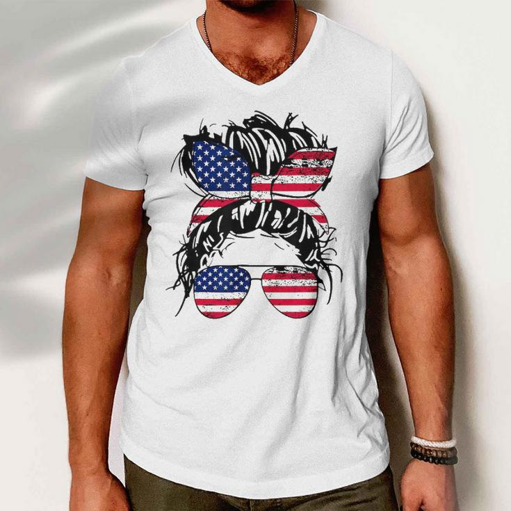 4Th Of July American Flag Patriotic Daughter Messy Bun Usa Men V-Neck Tshirt