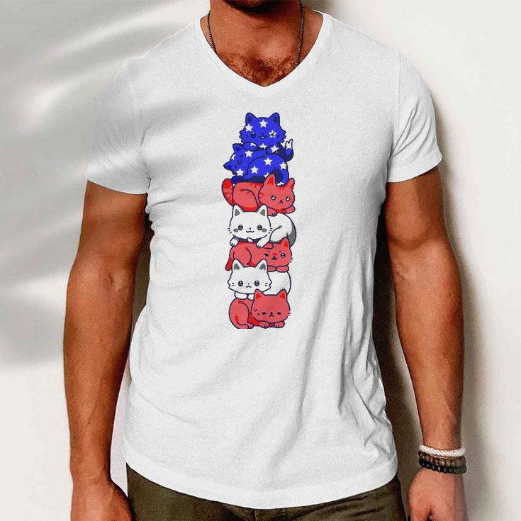 4Th Of July Cat Patriotic American Flag Cute Cats Pile Stack Men V-Neck Tshirt