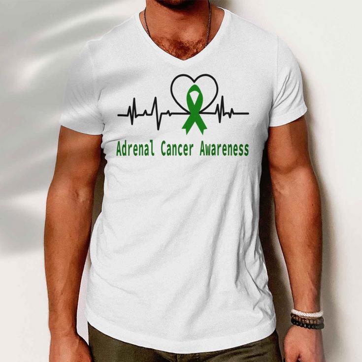 Adrenal Cancer Awareness Heartbeat Green Ribbon Adrenal Cancer Adrenal Cancer Awareness Men V-Neck Tshirt