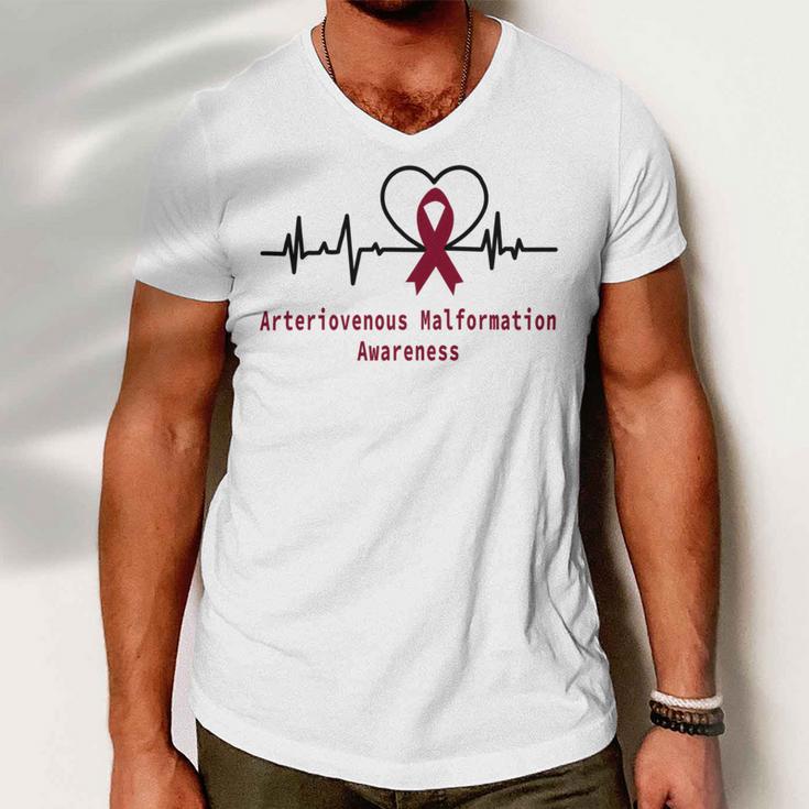 Arteriovenous Malformation Awareness Heartbeat Burgundy Ribbon Arteriovenous Malformation Support Arteriovenous Malformation Awareness Men V-Neck Tshirt