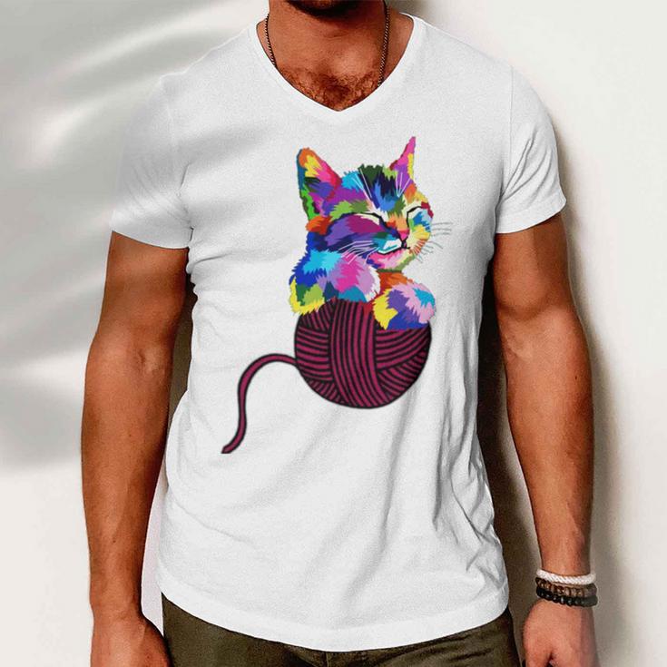 Cute Cat Gift For Kitten Lovers Colorful Art Kitty Adoption Men V-Neck Tshirt