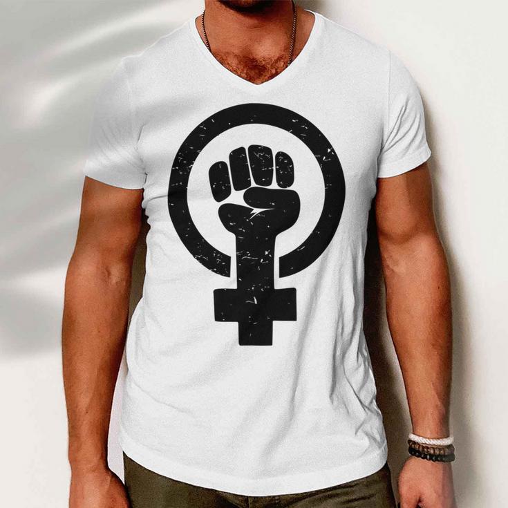 Feminist Raised Fist - Distressed Fitted Men V-Neck Tshirt