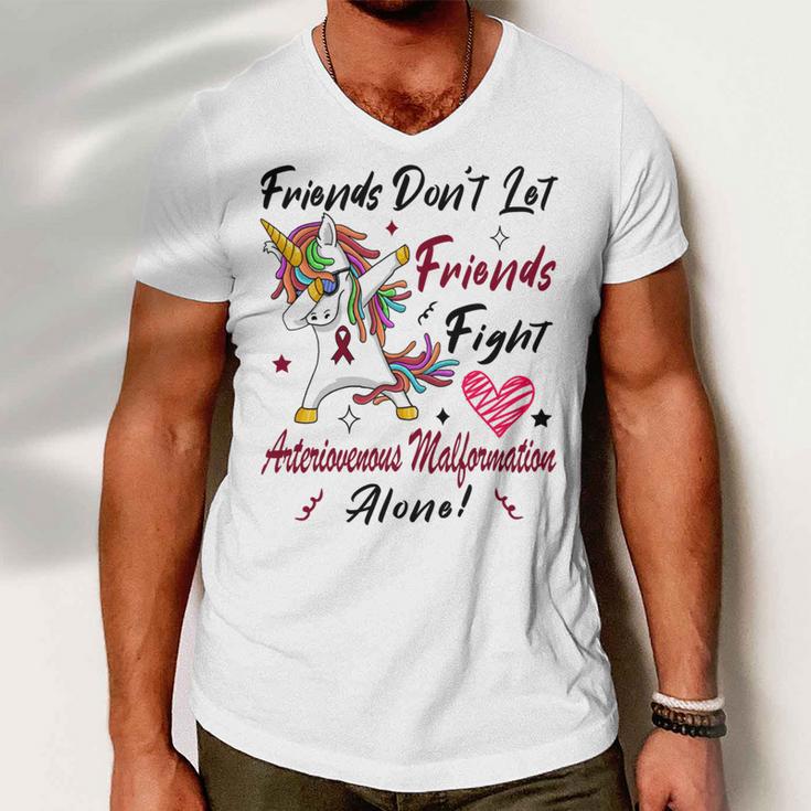 Friends Dont Let Friends Fight Arteriovenous Malformation Alone Unicorn Burgundy Ribbon Arteriovenous Malformation Support Arteriovenous Malformation Awareness Men V-Neck Tshirt