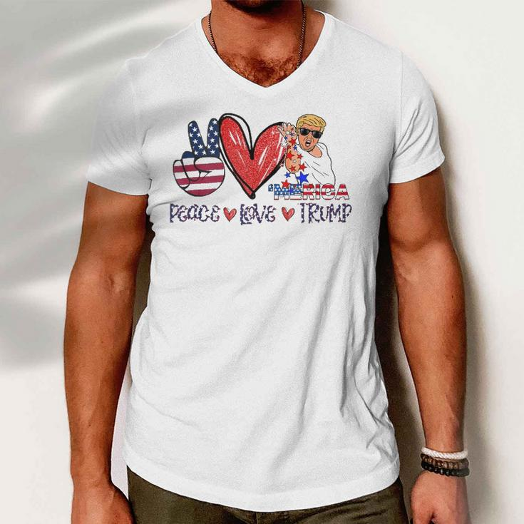 Funny 4Th Of July Peace Love Trump Merica Usa Flag Patriotic Men V-Neck Tshirt