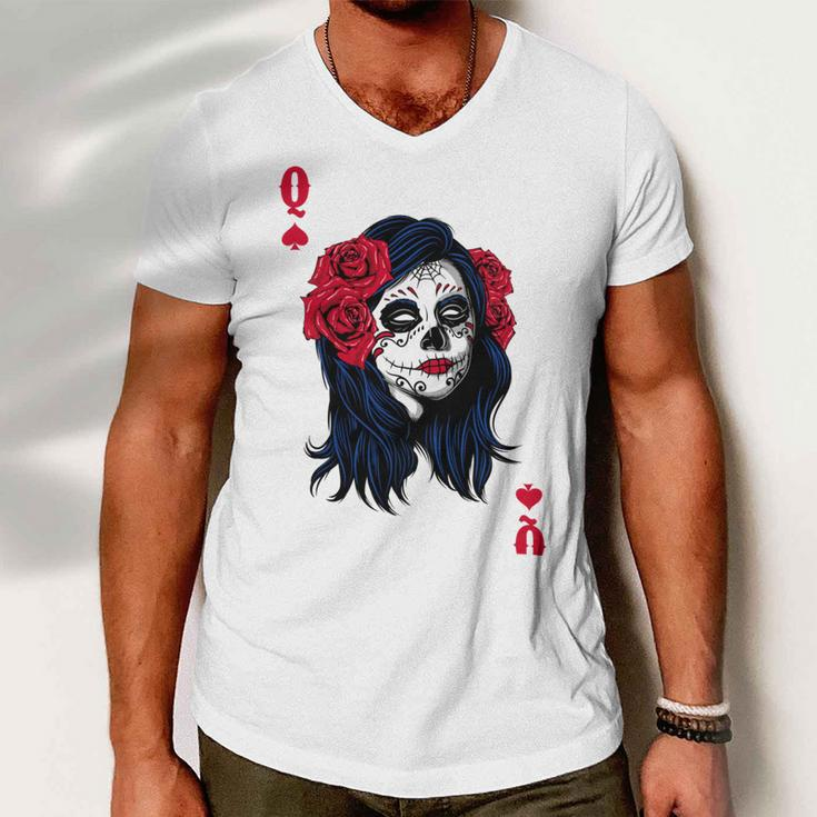 Halloween Sugar Skull With Red Floral Halloween Gift By Mesa Cute Men V-Neck Tshirt