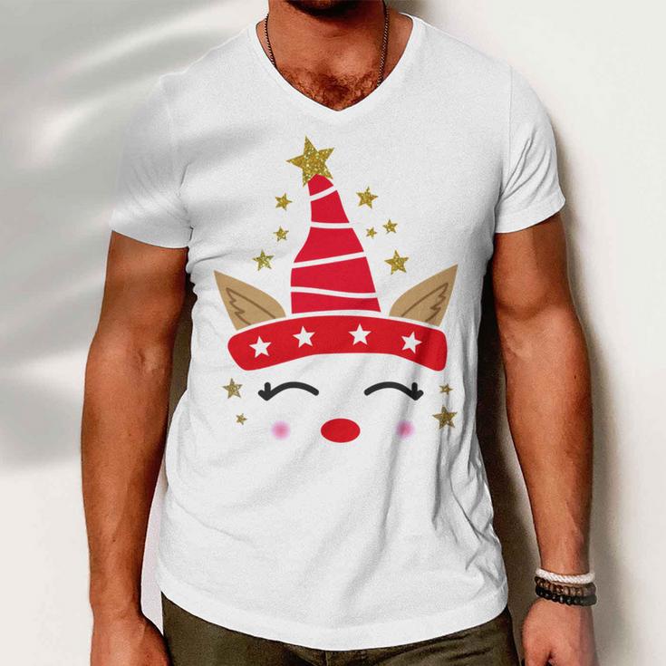 New Christmas Unicorn Face Santicorn Cute Men V-Neck Tshirt