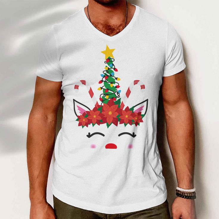 New Christmas Unicorn Face Santicorn Poinsettia Crown Cute V2 Men V-Neck Tshirt