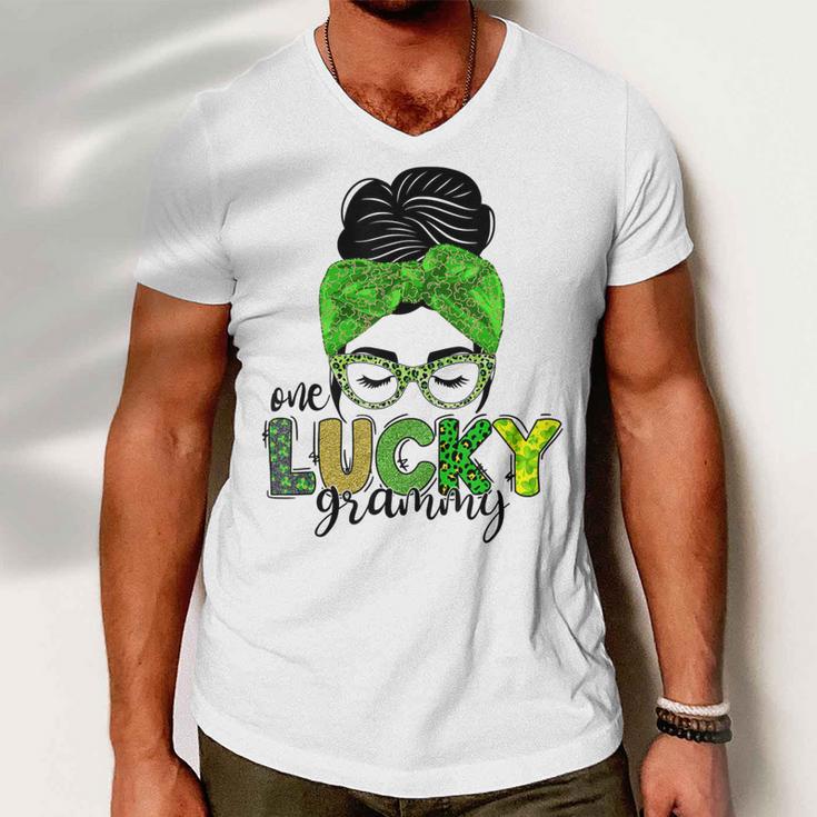 One Lucky Grammy Life Messy Bun St Patricks Day Irish Men V-Neck Tshirt