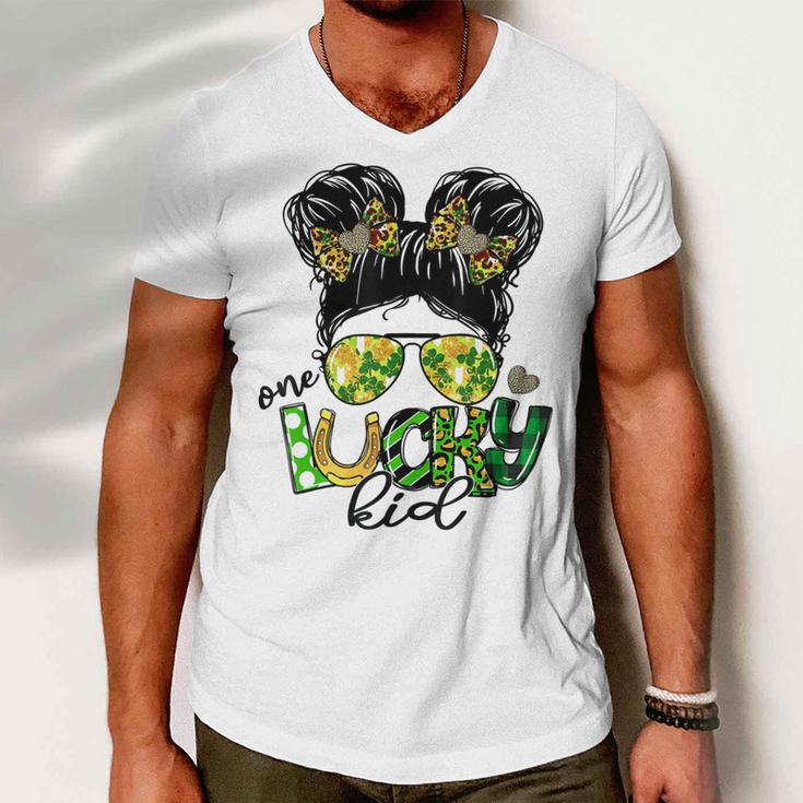 One Lucky Kid Messy Bun Shamrock St Patricks Day Men V-Neck Tshirt