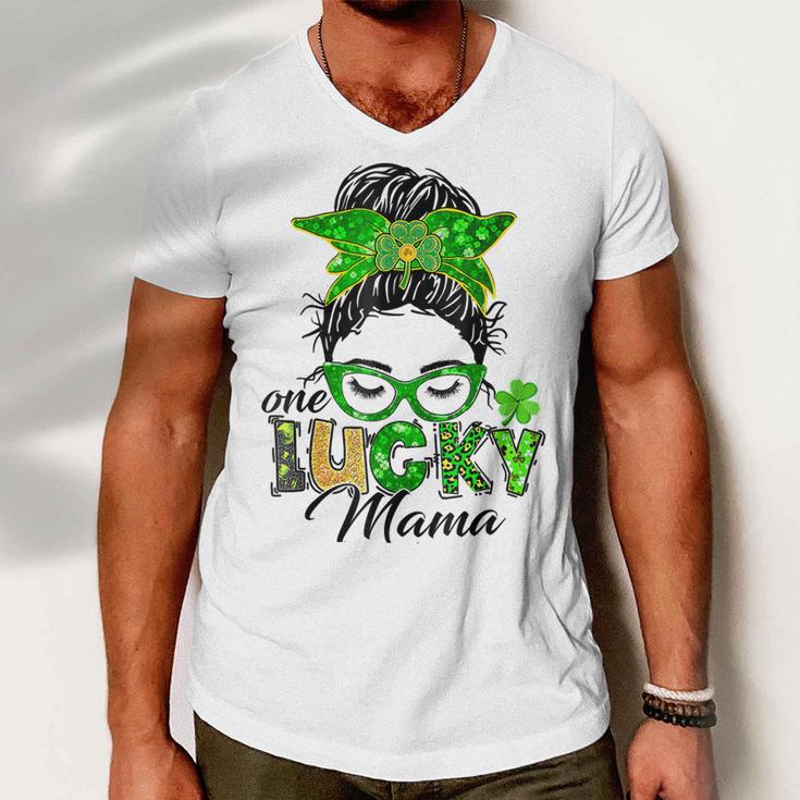 One Lucky Mama St Patricks Day Irish Shamrock Messy Bun Mom Men V-Neck Tshirt