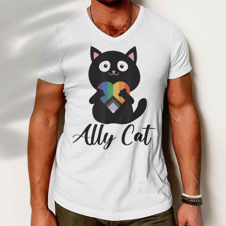 Rainbow Ally Cat Lgbt Gay Pride Flag Heart Men Women Kids Men V-Neck Tshirt