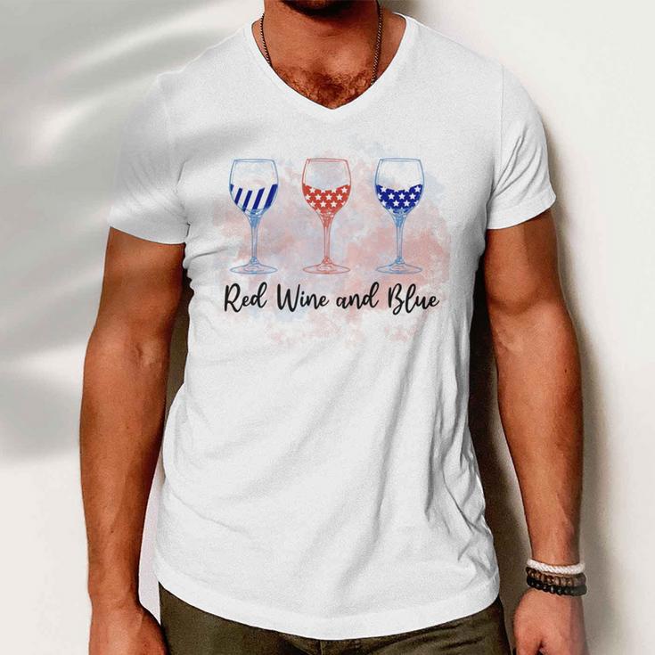 Red Wine Blue 4Th Of July Wine Red White Blue Wine Glasses Men V-Neck Tshirt