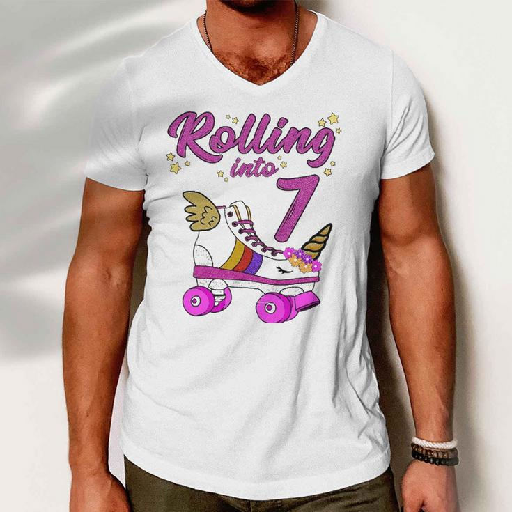 Rolling Into 7Th Birthday Unicorn Roller Skate Party Men V-Neck Tshirt