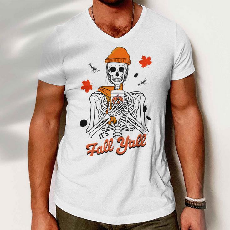 Skeleton It’S Fall Y’All Thanksgiving Funny Autumn Halloween Men V-Neck Tshirt