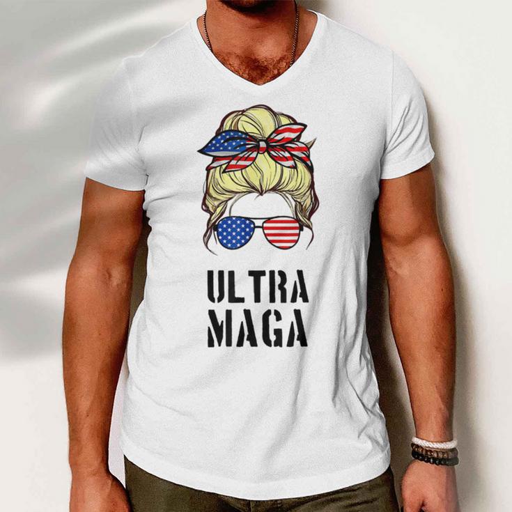 Ultra Mega Messy Bun 2022 Trump Republicans Conservatives Men V-Neck Tshirt