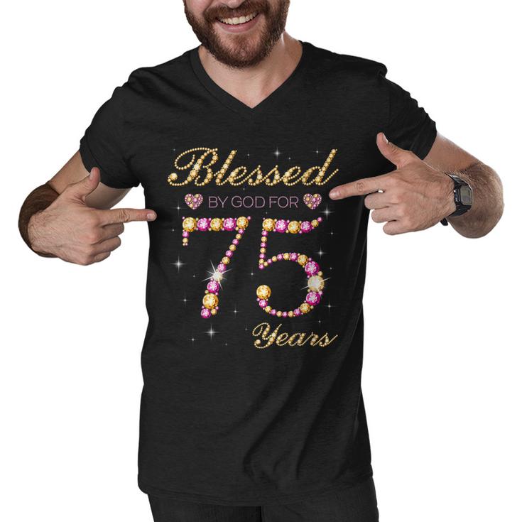 Blessed By God For 75 Years Old 75Th Birthday Party  Men V-Neck Tshirt