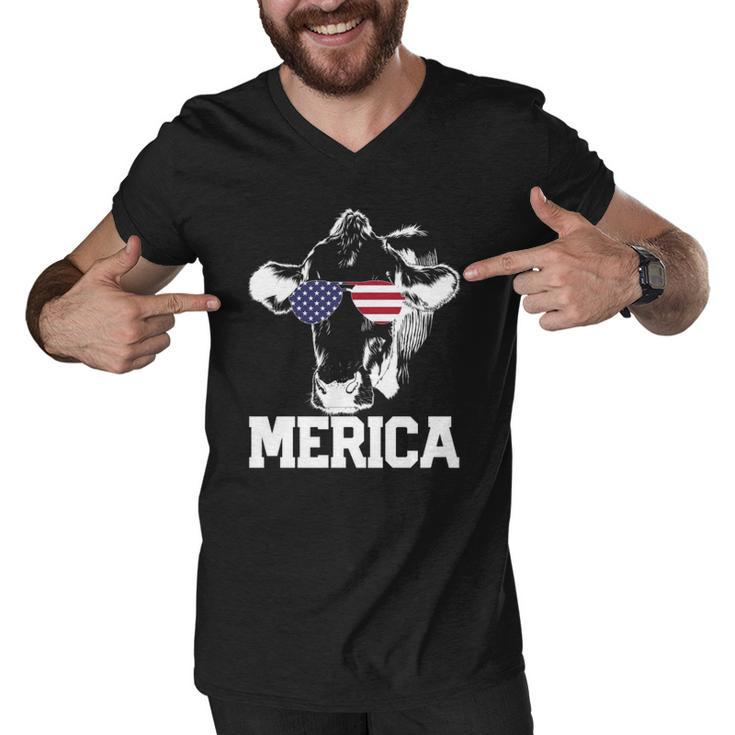 4Th Of July 4Th Cow American Flag Usa Men Women Retro Merica Men V-Neck Tshirt