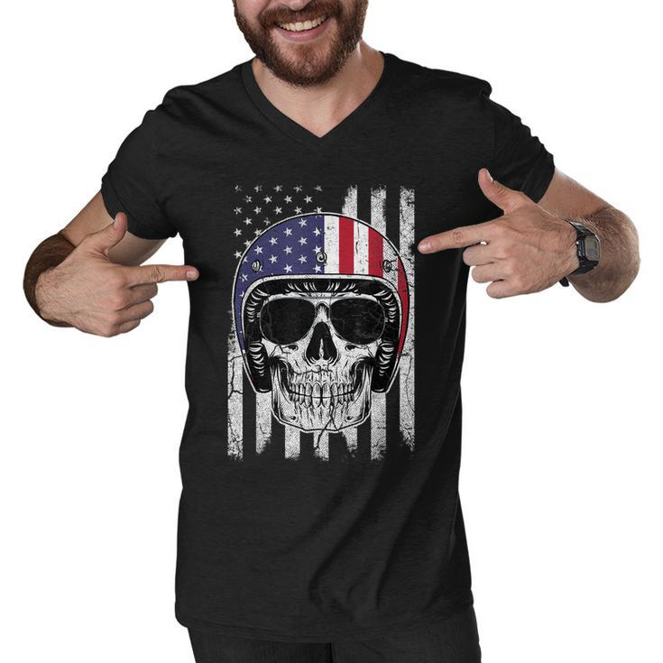 4Th Of July American Flag Skull Motorcycle T  Men Dad Men V-Neck Tshirt