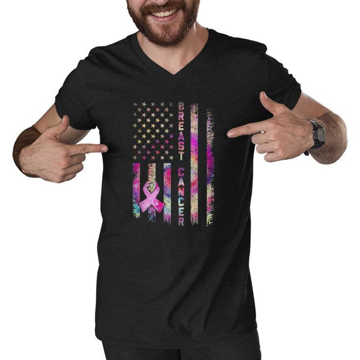 American Flag Breast Cancer Awareness Support Tie Dye Men V-Neck Tshirt