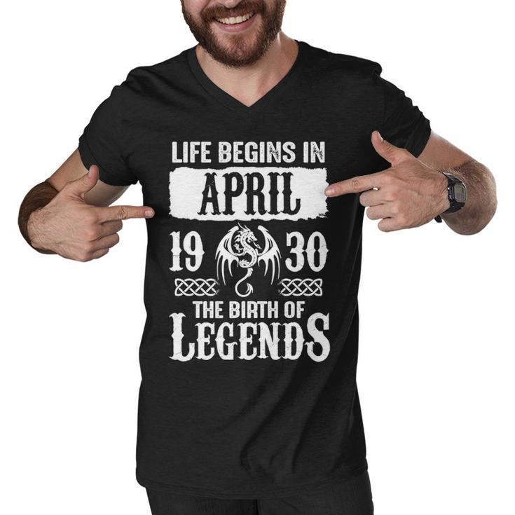 April 1930 Birthday   Life Begins In April 1930 Men V-Neck Tshirt