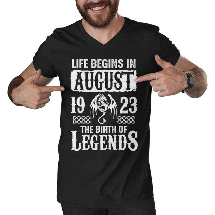 August 1923 Birthday   Life Begins In August 1923 Men V-Neck Tshirt