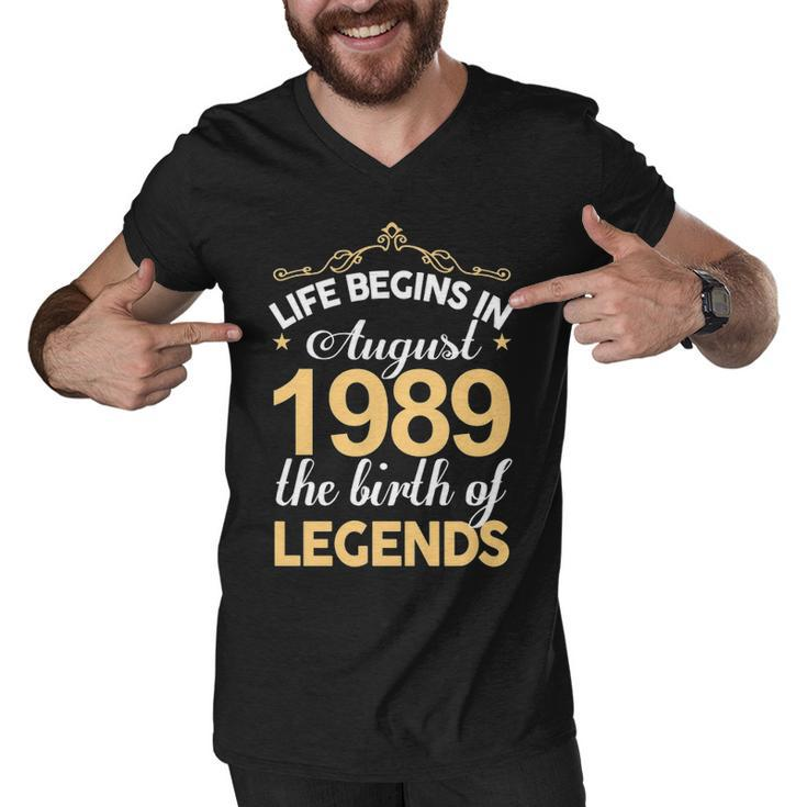 August 1989 Birthday   Life Begins In August 1989 V2 Men V-Neck Tshirt