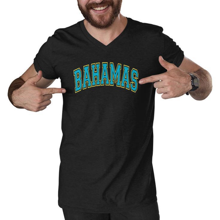 Bahamas Varsity Style Teal Text With Yellow Outline Men V-Neck Tshirt