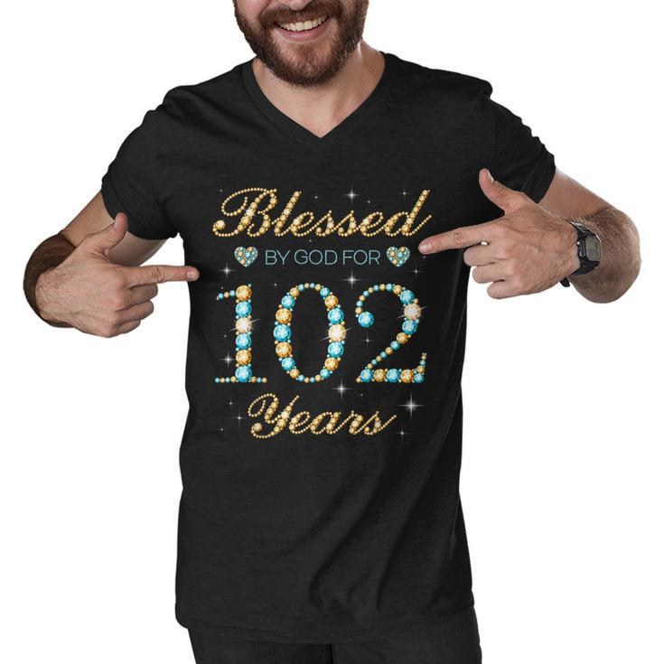 Blessed By God For 102 Years Old 102Nd Birthday Party Cute  Men V-Neck Tshirt