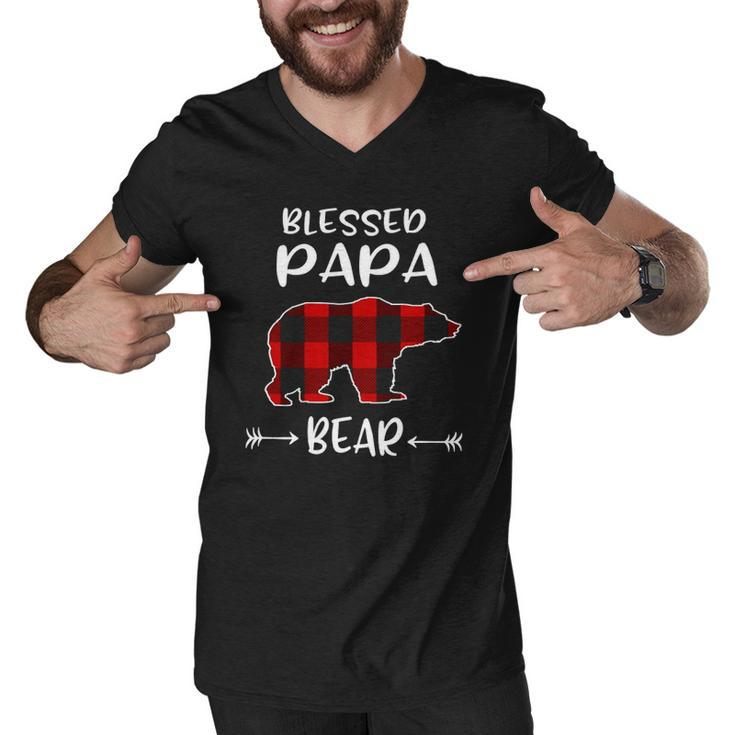 Blessed Papa Bear Buffalo Plaid Bear  For Papa Men V-Neck Tshirt