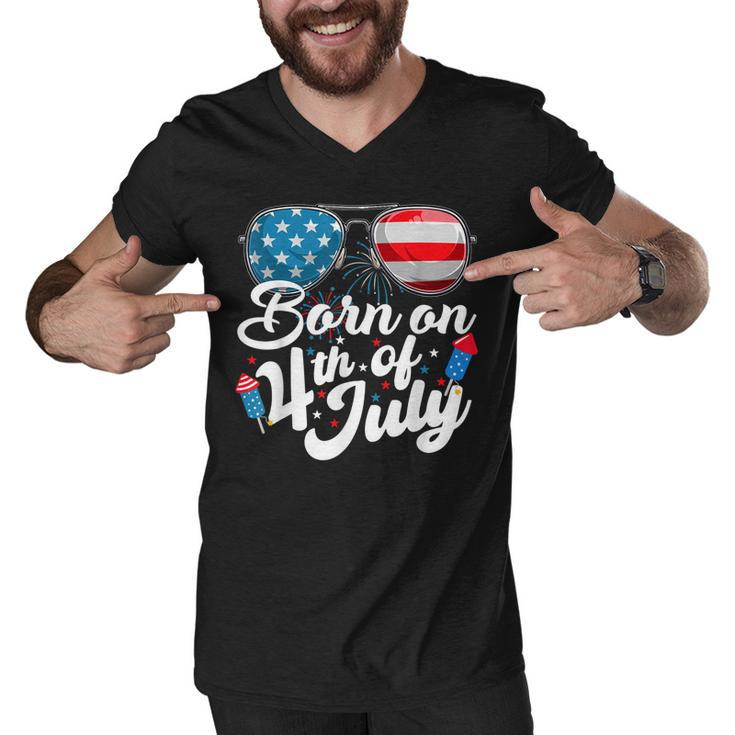 Born On 4Th Of July Birthday Sunglasses Fireworks Patriotic  Men V-Neck Tshirt
