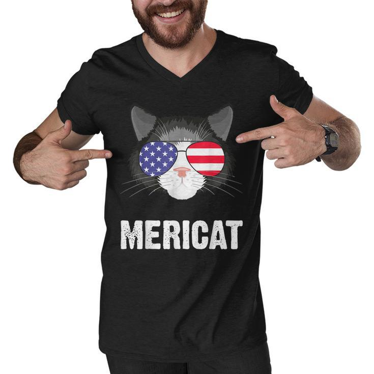 Cat American Flag Independence Day Mericat 4Th Of July  Men V-Neck Tshirt