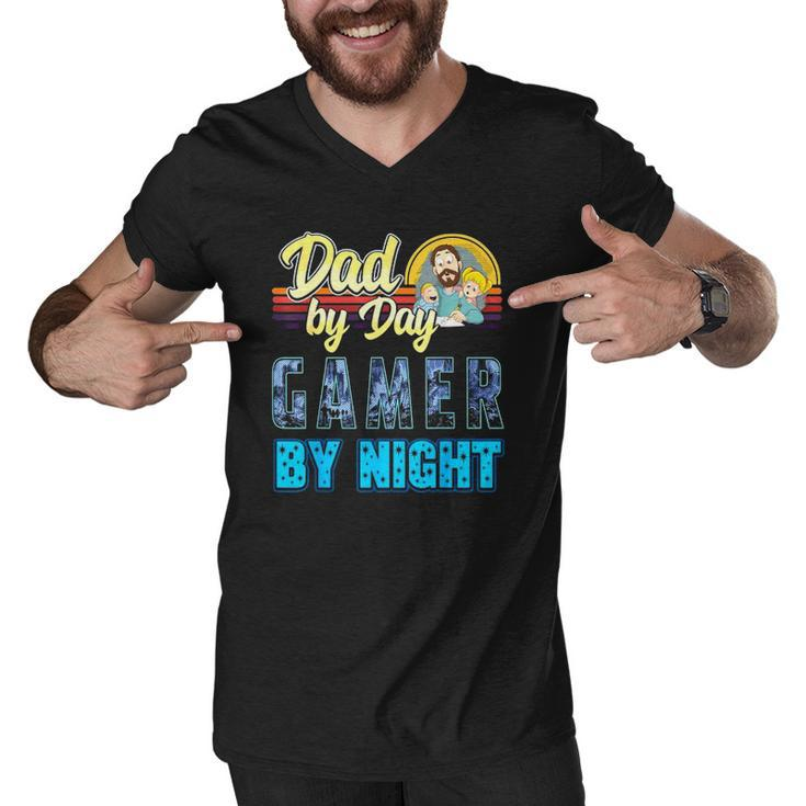 Dad By Day Gamer By Night Video Games Gaming Father Men V-Neck Tshirt