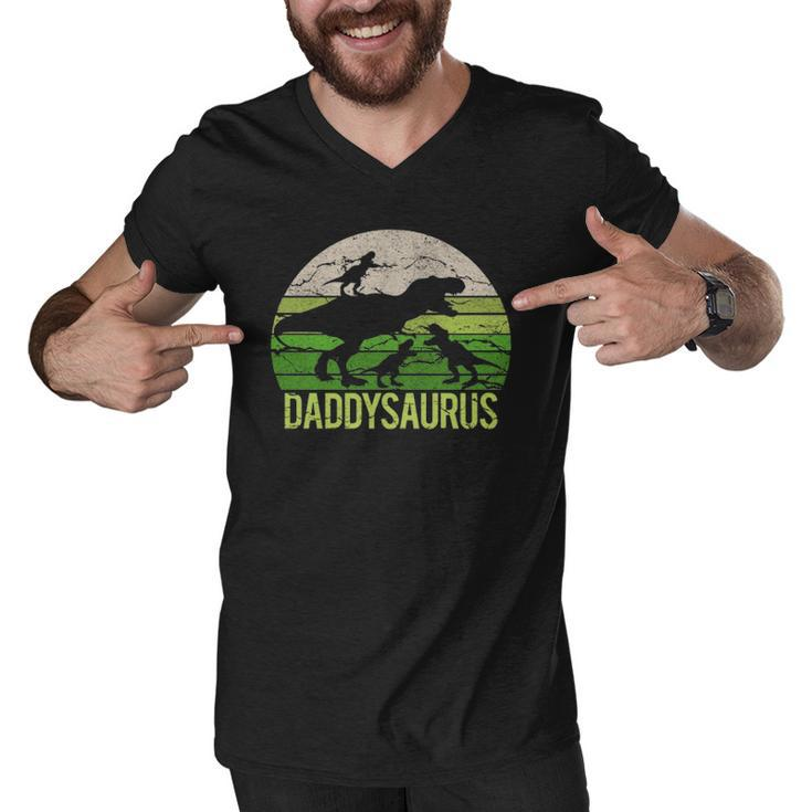 Daddy Dinosaur Daddysaurus 3 Three Kids Gift Dad Christmas Men V-Neck Tshirt