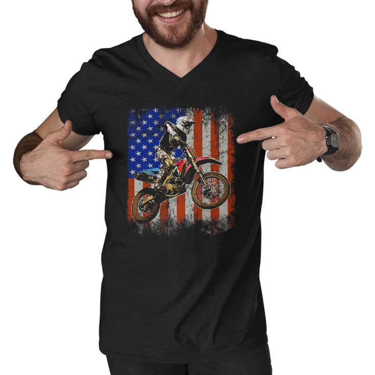 Dirt Bike American Flag Motocross Biker 4Th Of July Mens Men V-Neck Tshirt