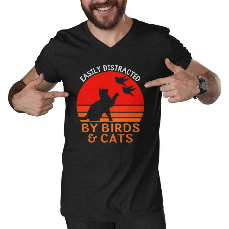Easily Distracted By Birds And Cats Funny Bird And Cat Lover Men V-Neck Tshirt
