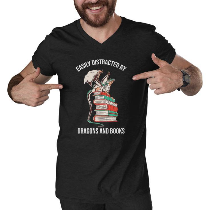 Easily Distracted By Dragons And Books Lover Funny Men V-Neck Tshirt