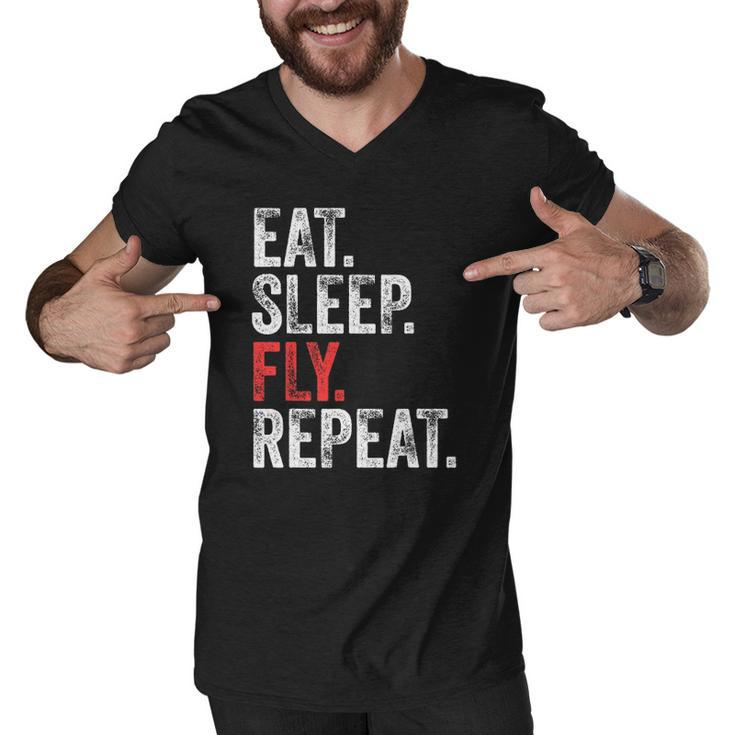 Eat Sleep Fly Repeat Aviation Pilot Funny Vintage Distressed Men V-Neck Tshirt