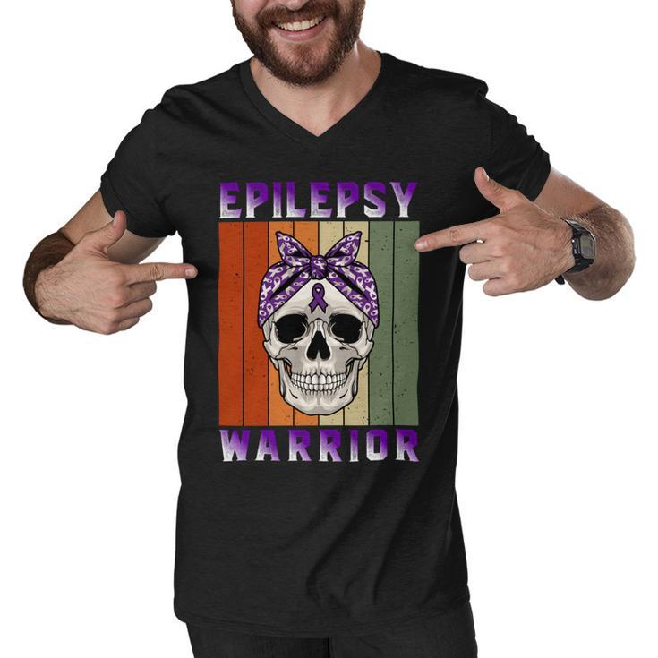 Epilepsy Warrior  Skull Women Vintage  Purple Ribbon  Epilepsy  Epilepsy Awareness Men V-Neck Tshirt