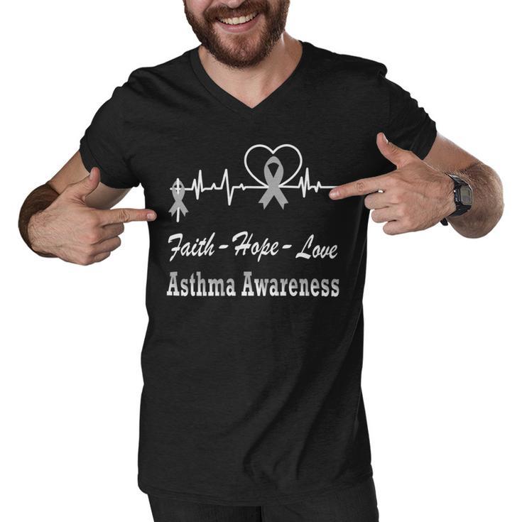 Faith Hope Love Asthma Awareness Heartbeat Christian Cross  Grey Ribbon  Asthma  Asthma Awareness Men V-Neck Tshirt