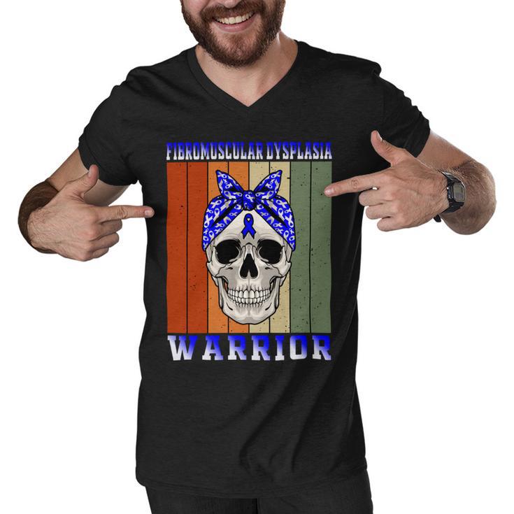 Fibromuscular Dysplasia Warrior  Skull Women Vintage  Blue Ribbon  Fmd  Fibromuscular Dysplasia Awareness Men V-Neck Tshirt