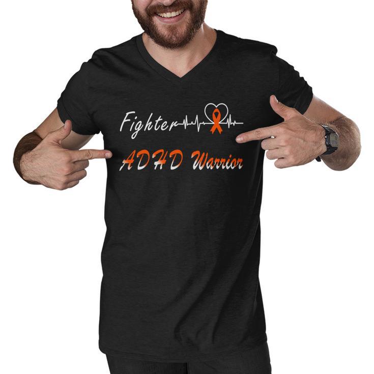 Fighter Adhd Warrior Heartbeat Orange Ribbon Attention Deficit Hyperactivity Disorder Adhd Awareness Men V-Neck Tshirt